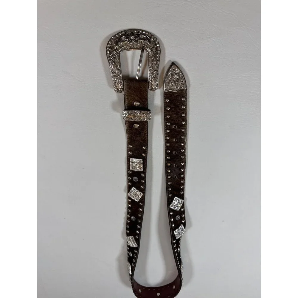 Handcrafted Leather Cowhide Belt Western Style Rhinestones Floral Buckle Design